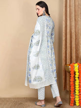 Women White Cotton Printed Anarkali Kurta Pant Set-VKSKD2122